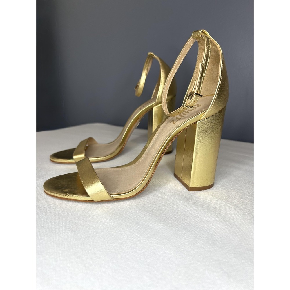 Schutz Shoes Womens 8.5 Gold Cadey Lee Block‎ Strappy Ankle Strap Dress Heels